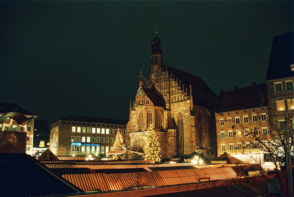 Red and white stalls of the Nuremberg Christkindlesmarkt