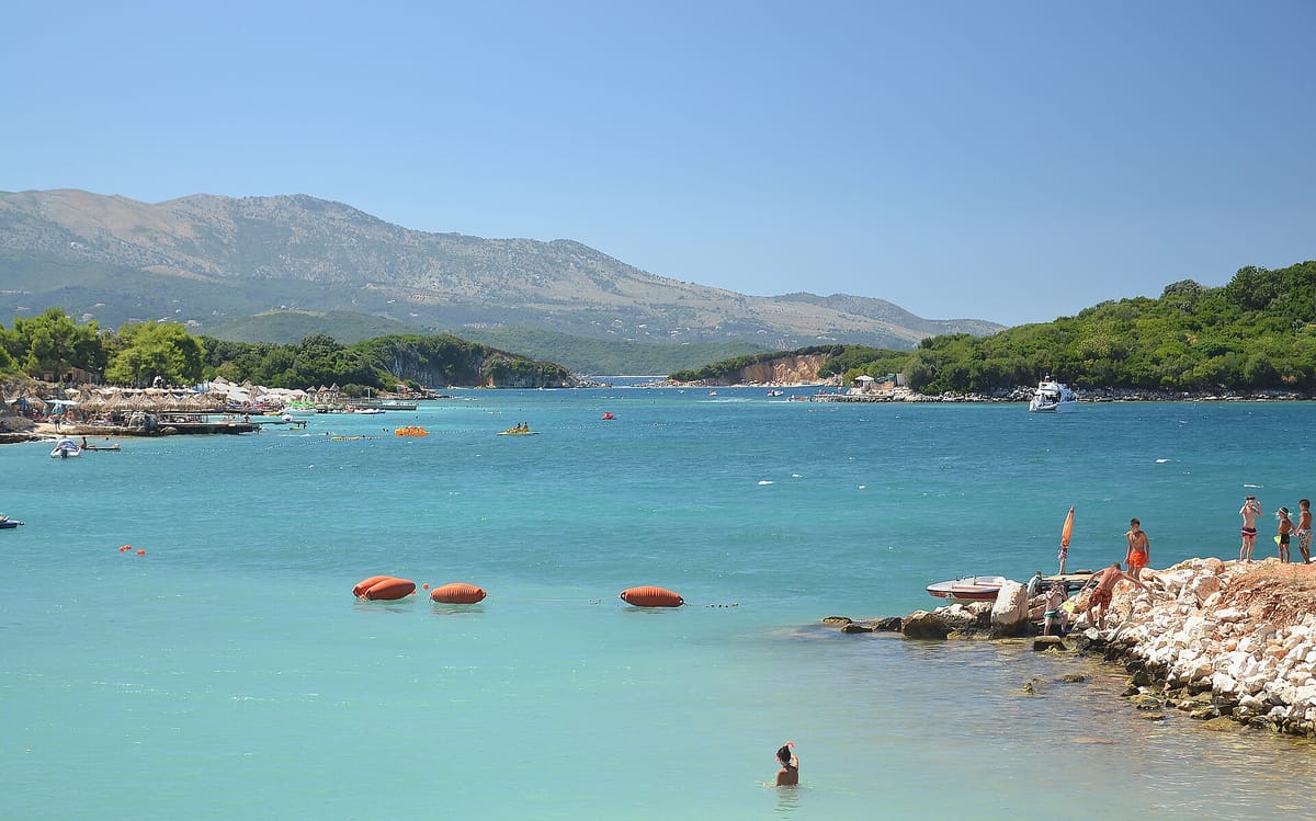 Turquoise water and small islands at Ksamil, Albania