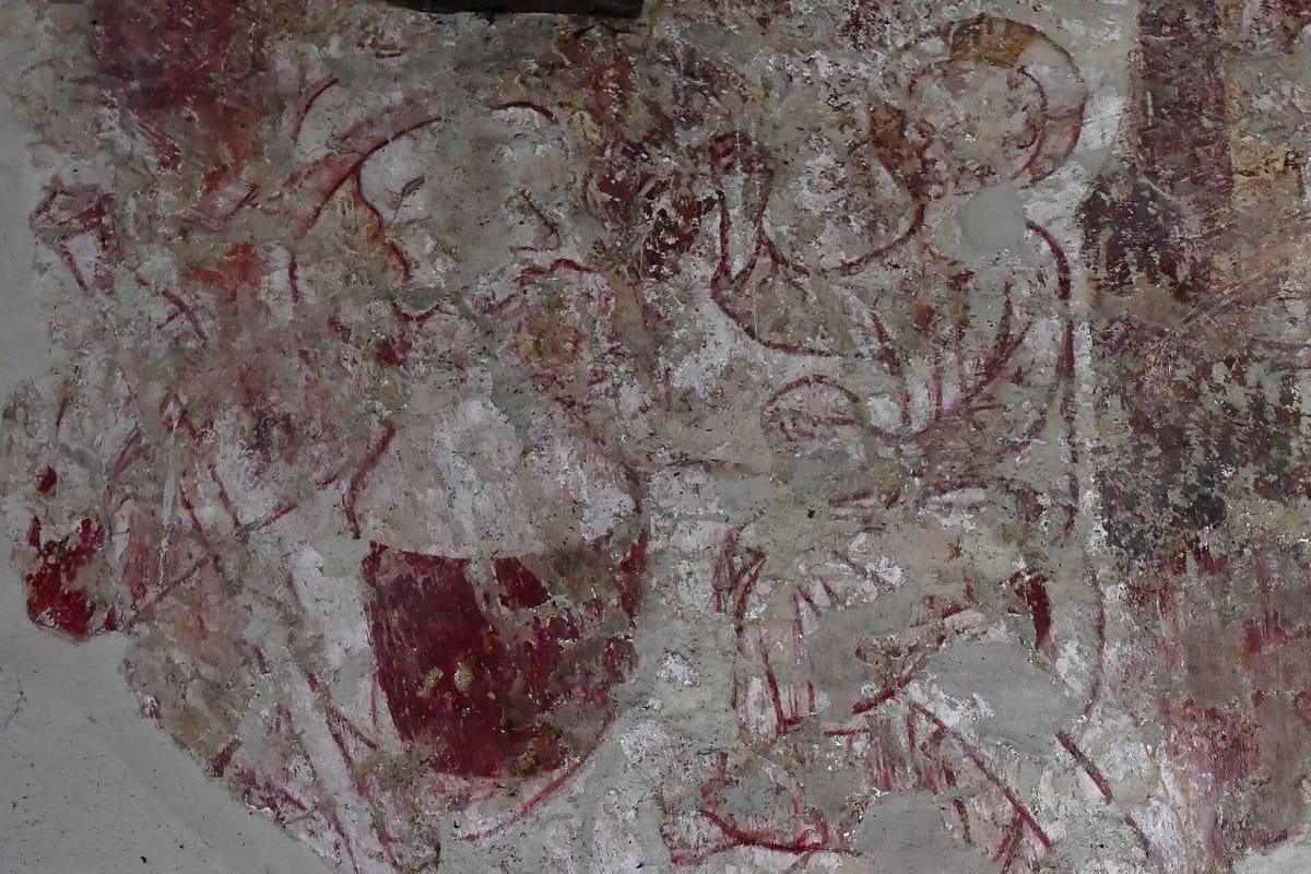 Medieval wall painting of St. Christopher carrying the Christ child, Little Kimble church