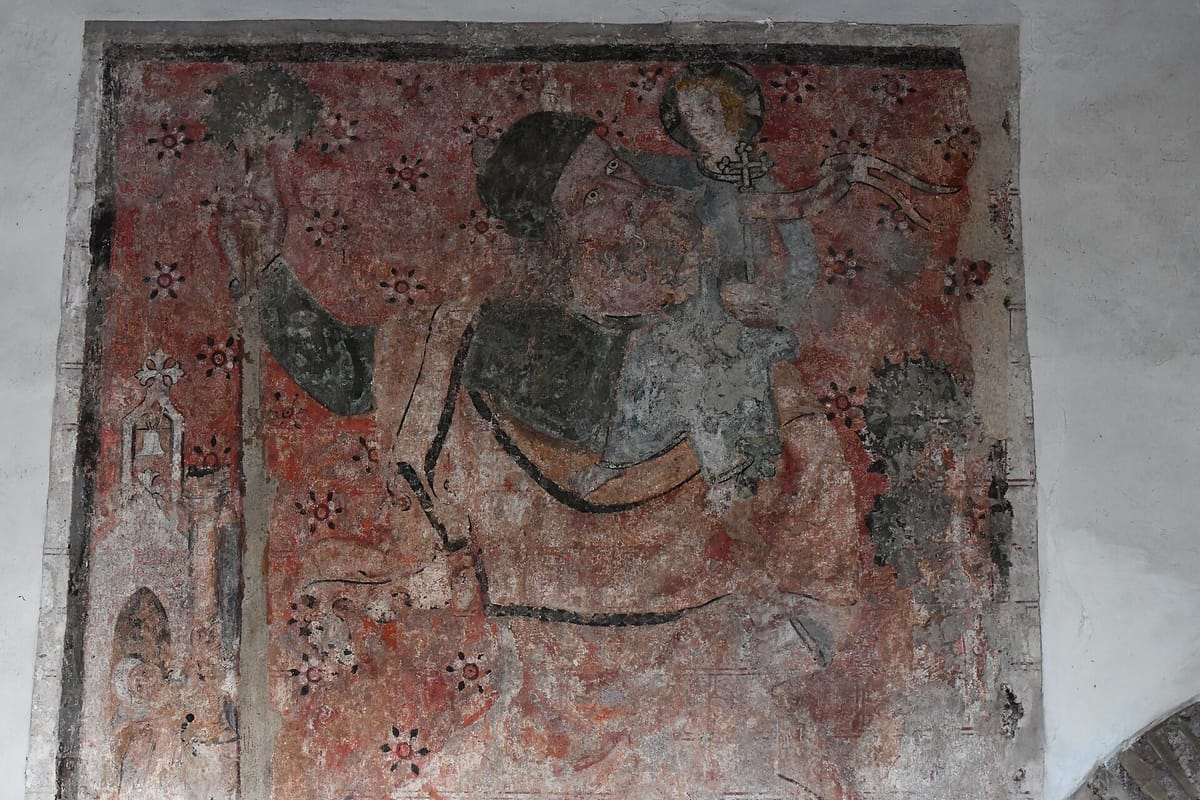 14th-century wall painting of St. Christopher in Little Baddow church